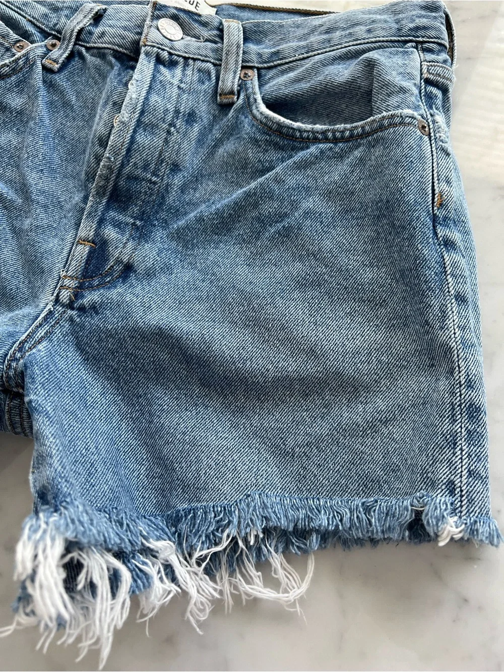 AGOLDE Parker Long High-Rise Cutoff Shorts Skywave Blue Wash Size 26